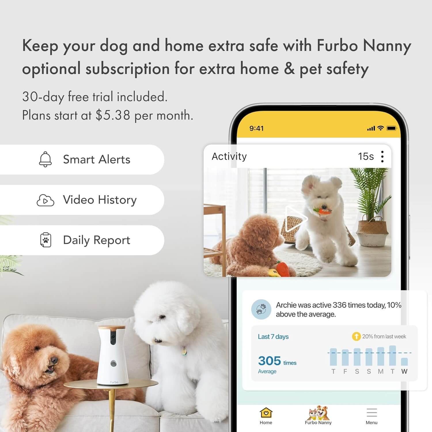 Furbo 360 Dog Camera unboxed with camera unit, power adapter, and USB cable