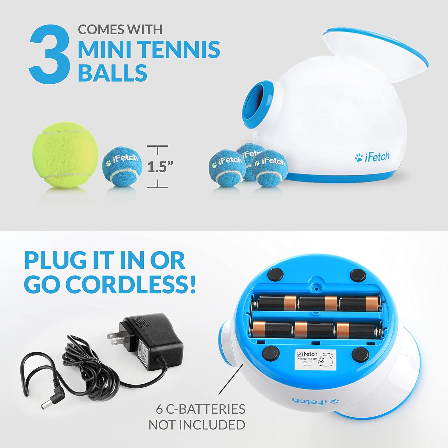 iFetch package contents including 3 mini tennis balls and adapter