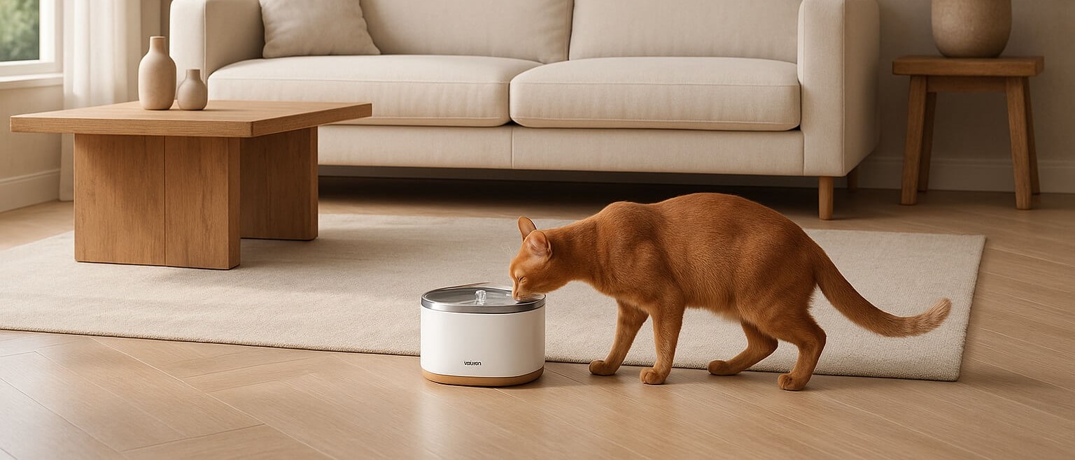 Cat drinking calmly from the PETLIBRO Cat Water Fountain in a cozy home setting