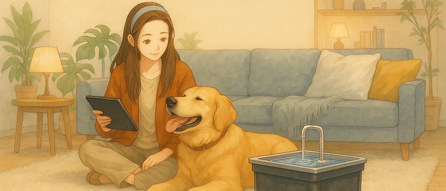 Dog drinking peacefully from the SIBAYS Dog Water Fountain in a cozy home environment