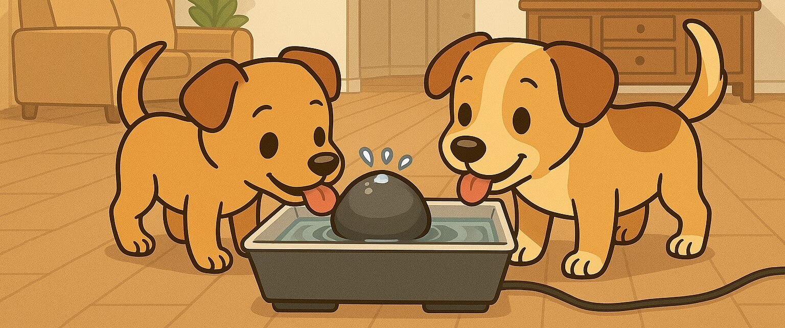 Cat and dog peacefully drinking from the PetSafe Drinkwell Ceramic Fountain in a cozy home environment