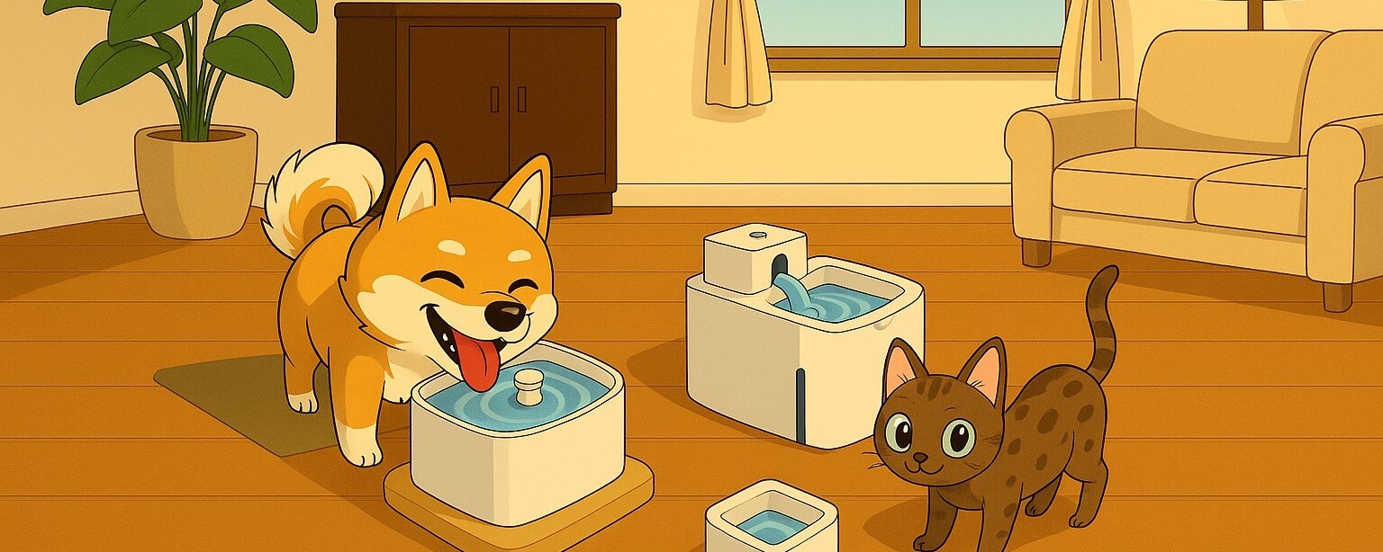 Cat and dog happy fountain waters