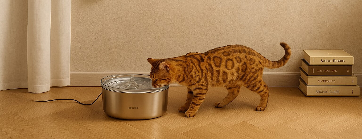 Cat peacefully drinking from the PETLIBRO Cat Fountain in a cozy indoor space
