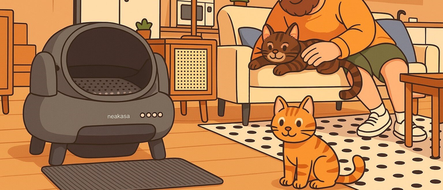 Cat relaxing beside Neakasa M1 open-top automatic litter box in a modern, peaceful home