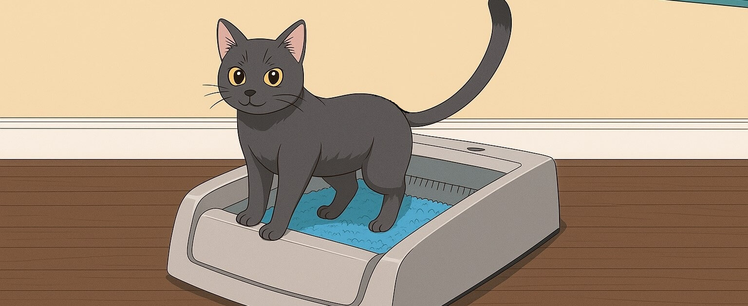 Cat sitting peacefully beside PetSafe ScoopFree Crystal Pro self-cleaning litter box in a cozy home