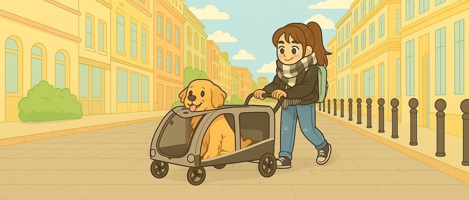 Cartoon woman pushing a happy golden retriever in an extra large dog stroller through a sunny city street