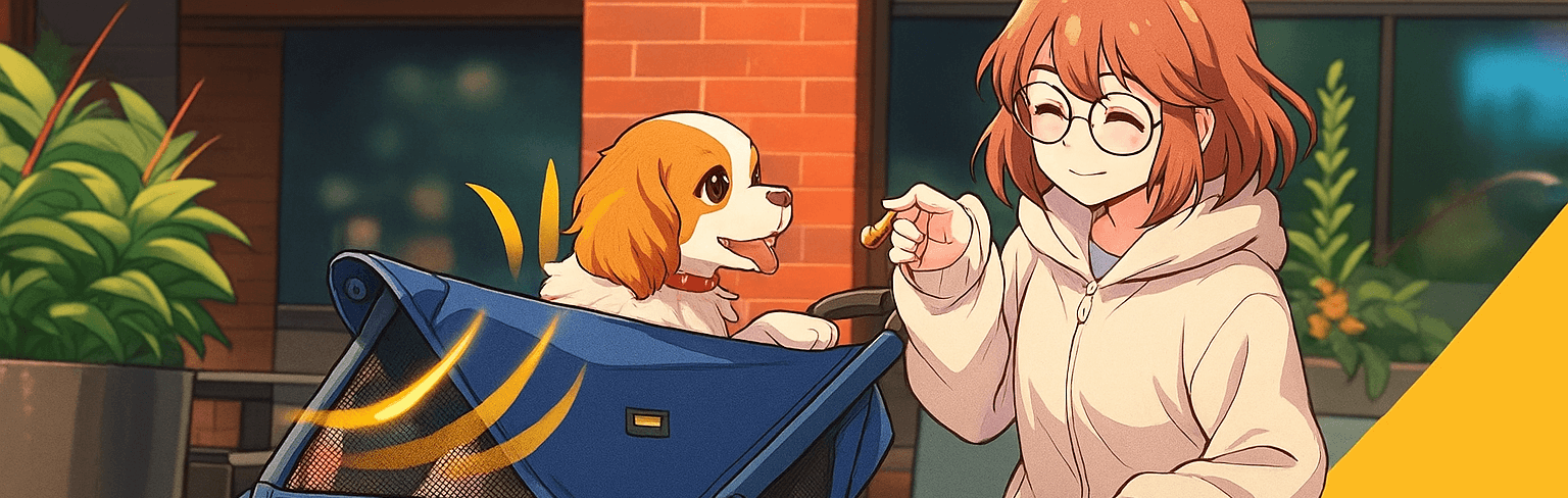 Cartoon woman happily feeding a treat to her dog riding in a large pet stroller at night