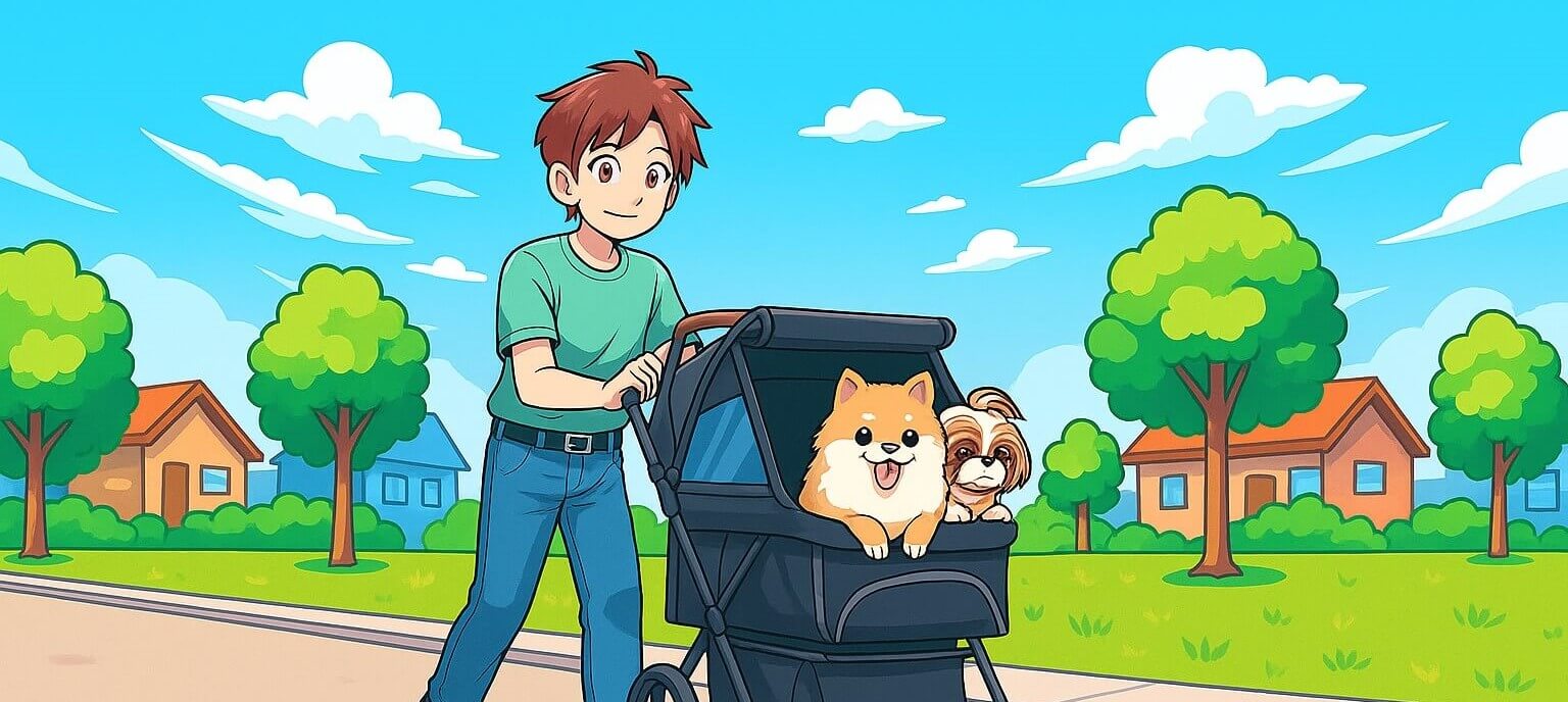 Cartoon man pushing a large dog stroller with two happy dogs during a walk in the neighborhood