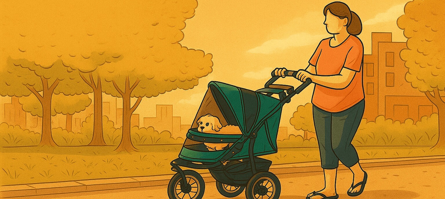 Cartoon woman walking with Pet Gear Jogger Stroller and happy dog in a peaceful park