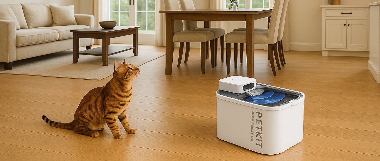 Dog drinking from the PETKIT Eversweet Max water fountain in a modern home