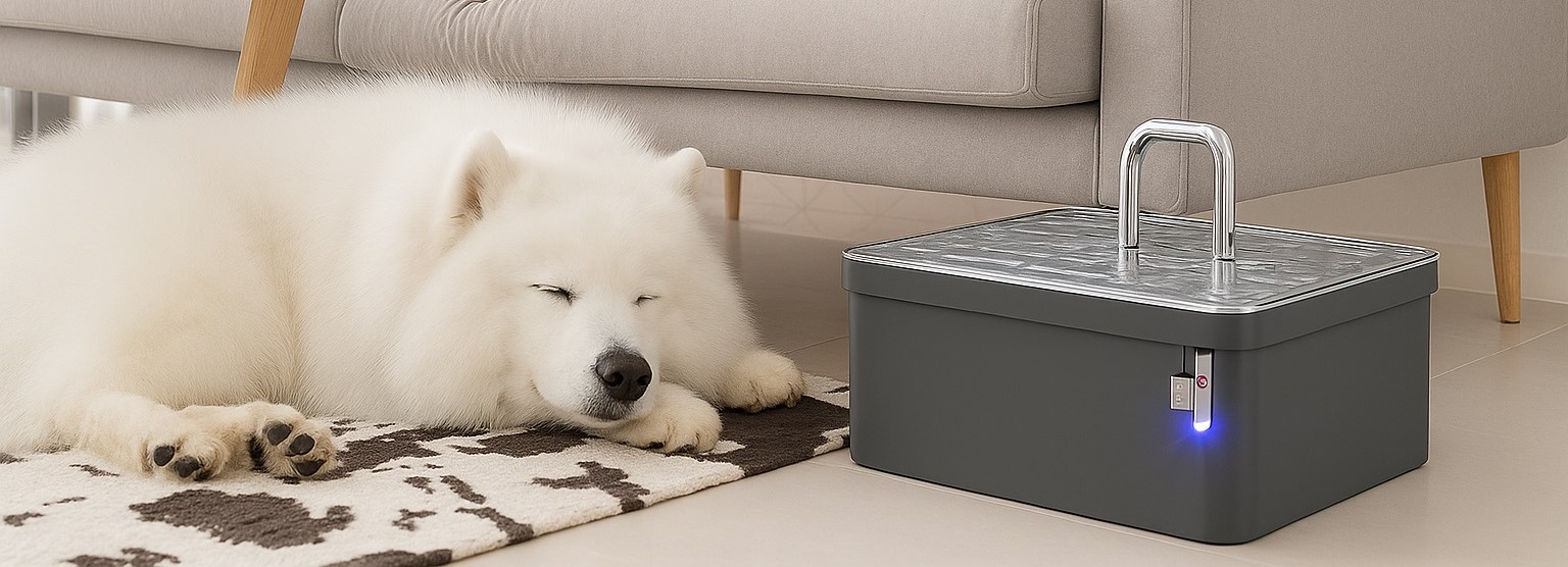Dog drinking from the SIBAYS Dog Water Fountain in a modern kitchen