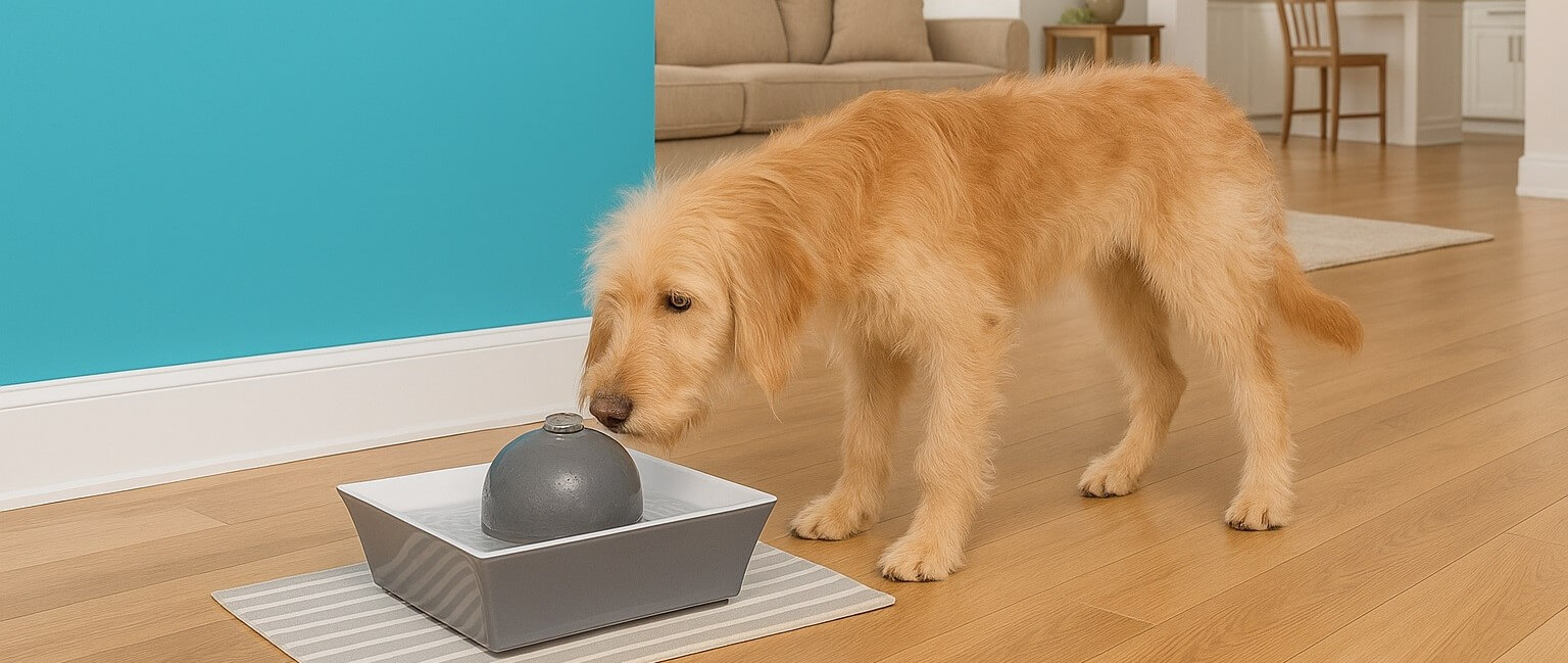 Dog drinking from the PetSafe Drinkwell Ceramic Fountain on a kitchen floor