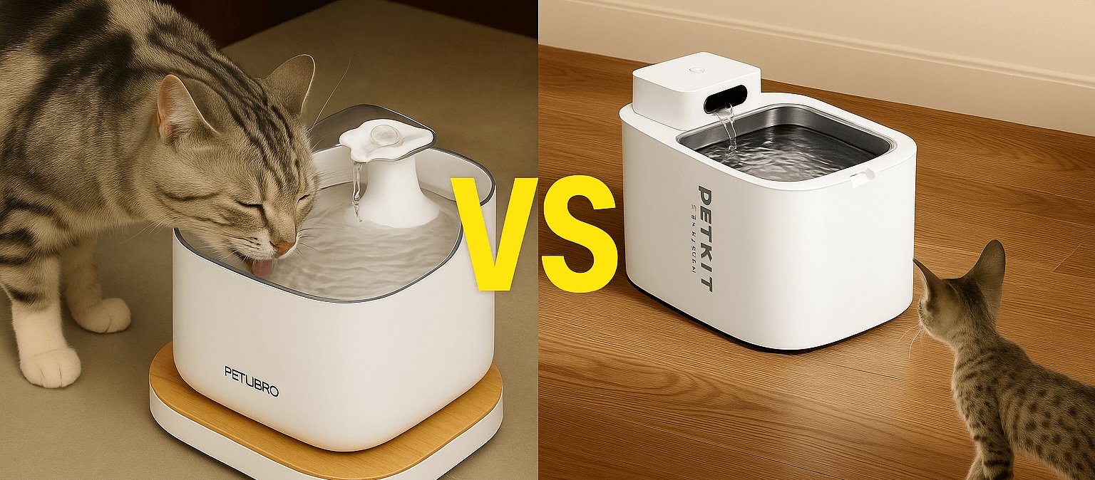 PETLIBRO vs PETKIT – Comparative image of two pet water fountains for cats and dogs (2025)