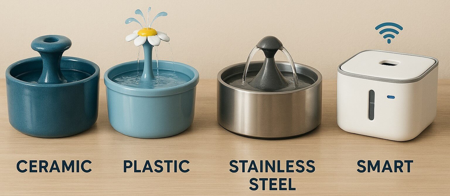 Types of pet water fountains: ceramic, plastic, stainless steel, and smart