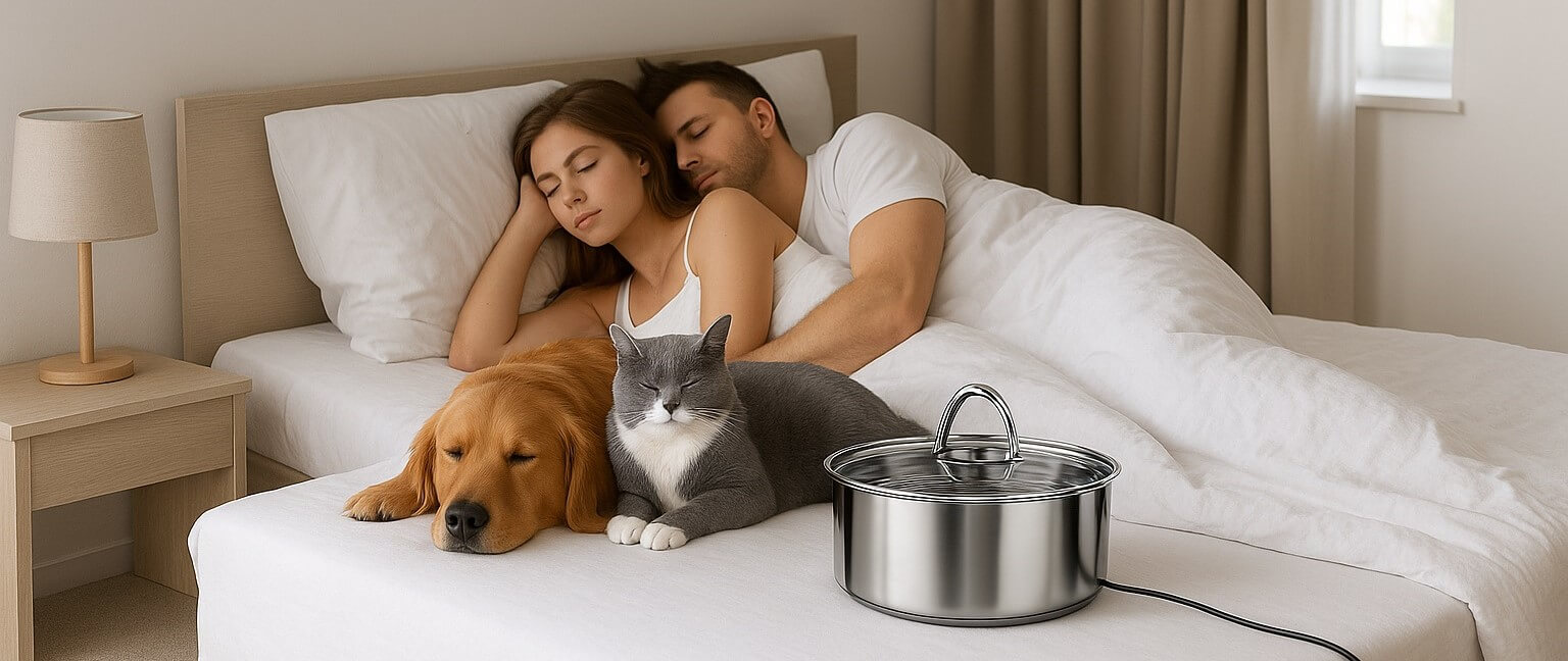 Quiet stainless steel pet water fountain beside sleeping dog and cat in 2025