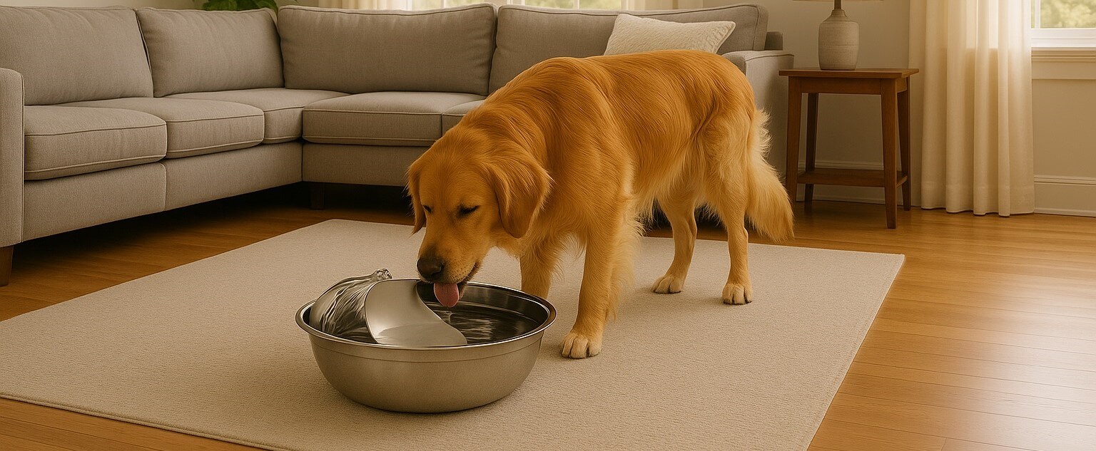 Golden retriever drinking from the Pioneer Pet Fountain in a cozy living room