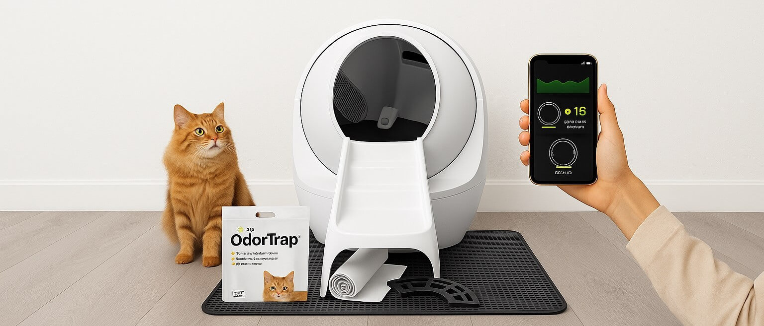 Litter-Robot 4 automatic litter box with cat and smartphone app interface