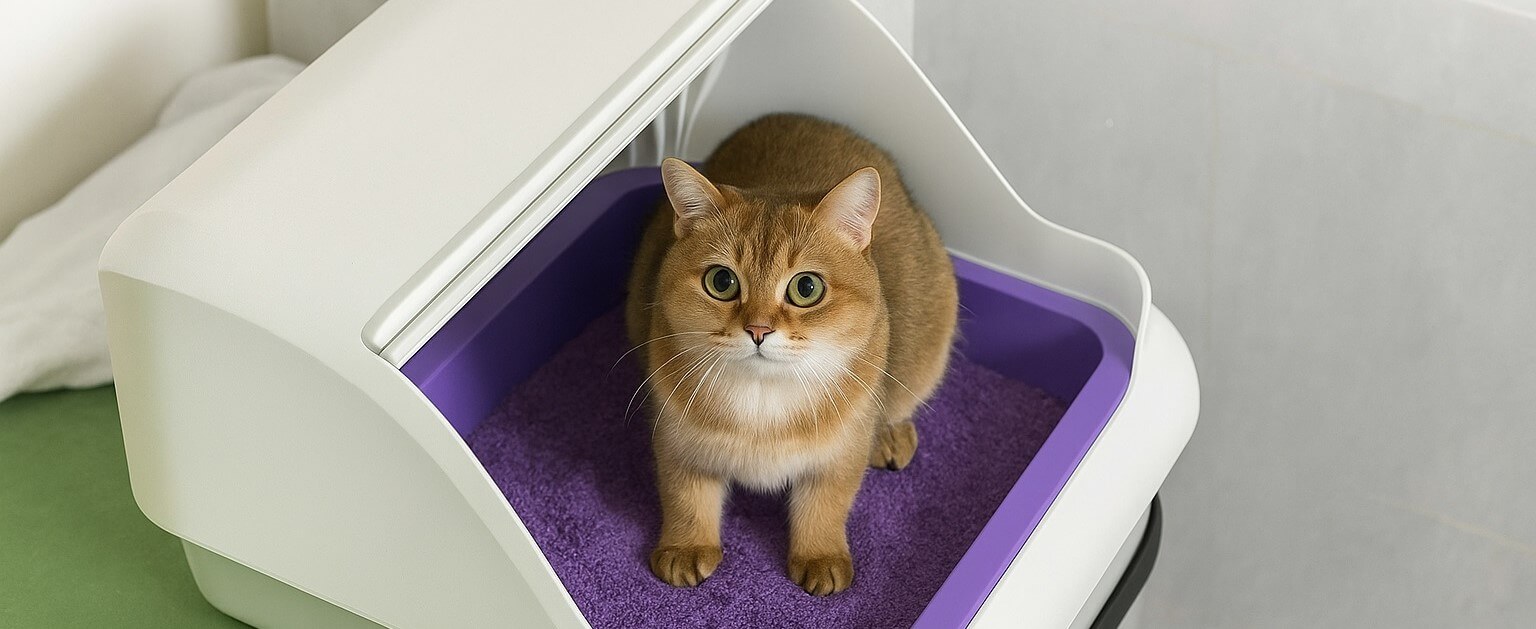 Popur X5 Litter Box with open-top design and golden cat inside