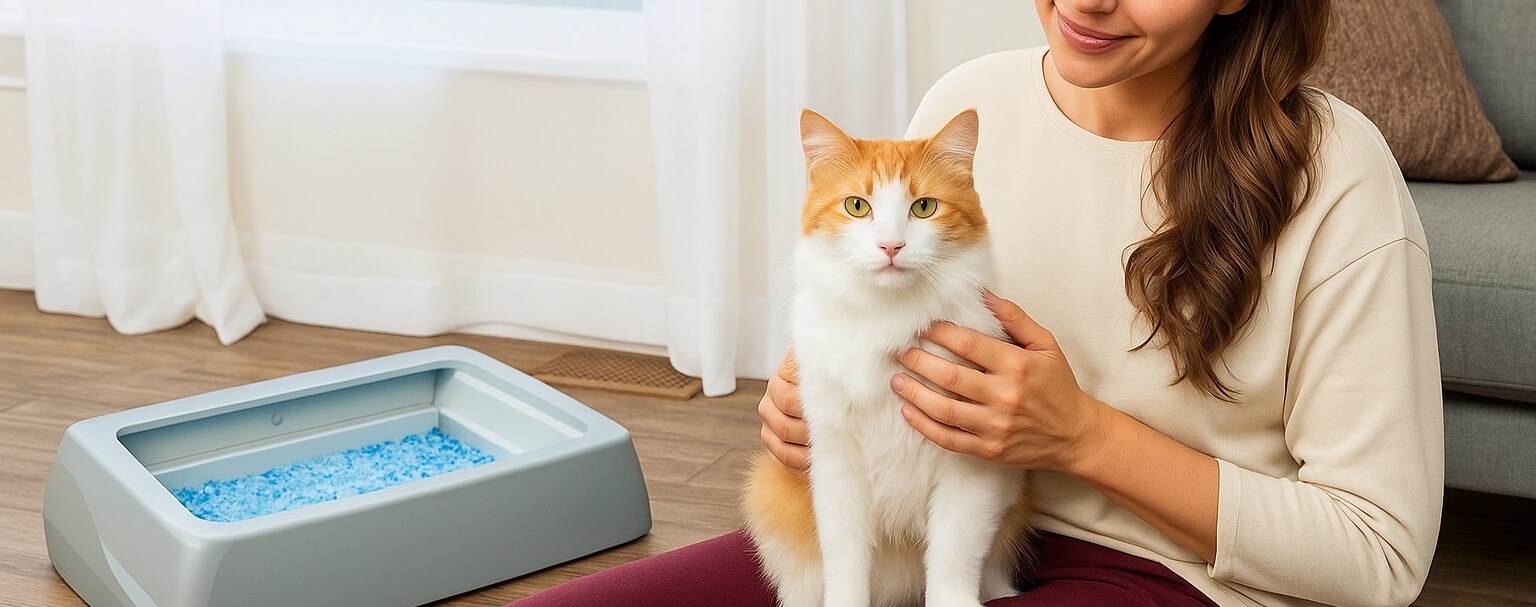 ScoopFree Crystal Pro Litter Box with blue crystal litter beside cat and owner