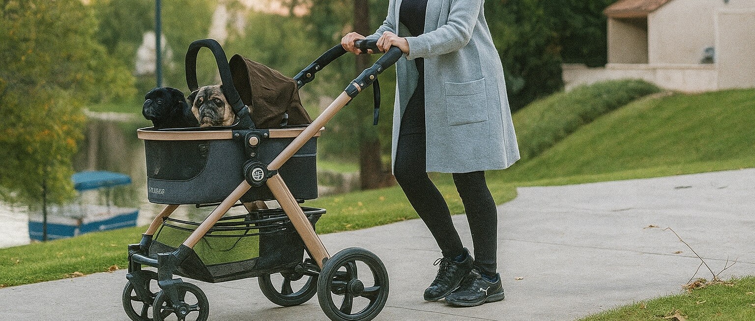 Woman pushing two dogs in the HPZ Pet Rover Prime 3-in-1 luxury stroller in a park