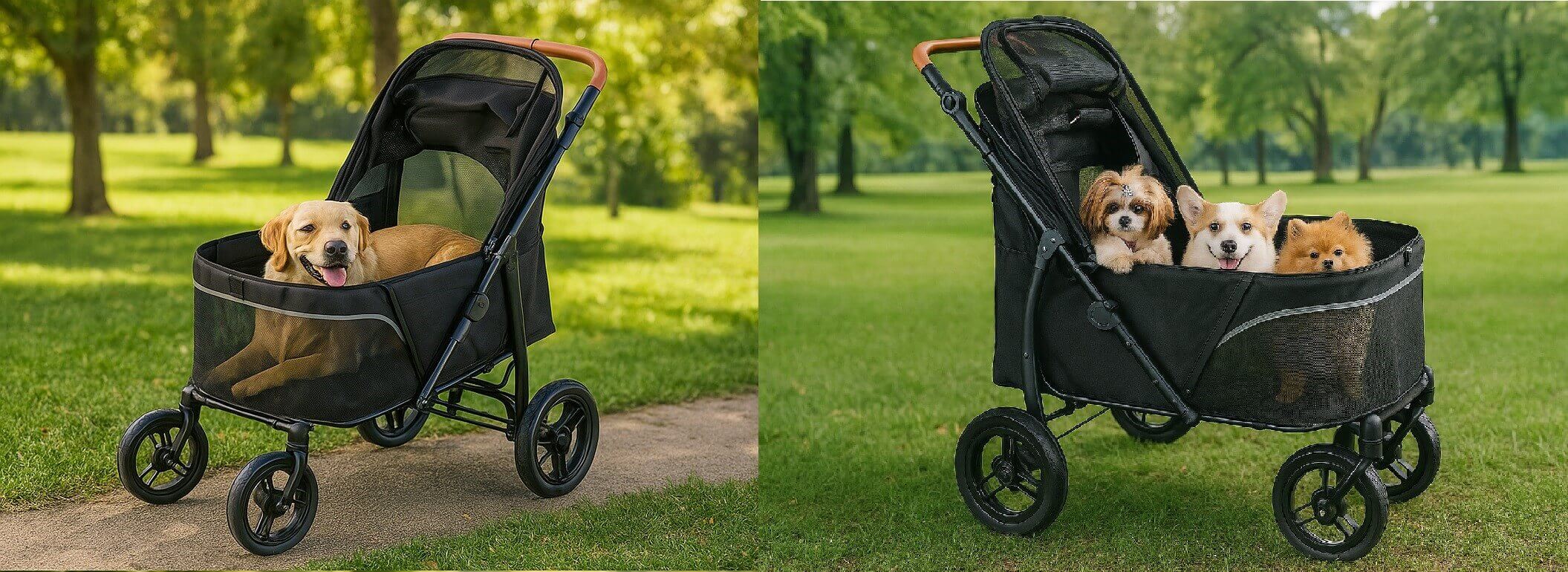 Large dog stroller review – Labrador and small dogs riding in spacious stroller outdoors