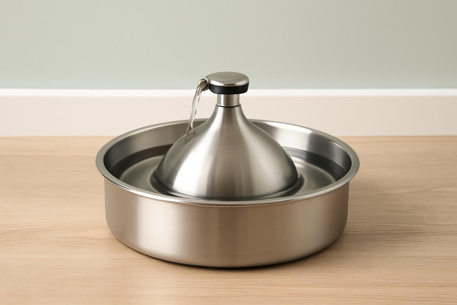 Durable stainless steel water fountain for pets in a clean kitchen setting