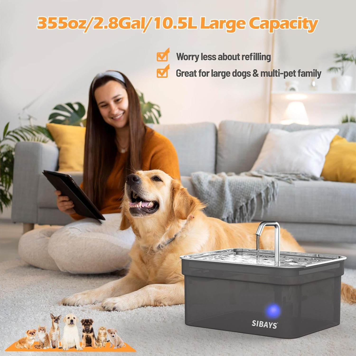 SIBAYS Dog Water Fountain in living room with large capacity and stainless steel top