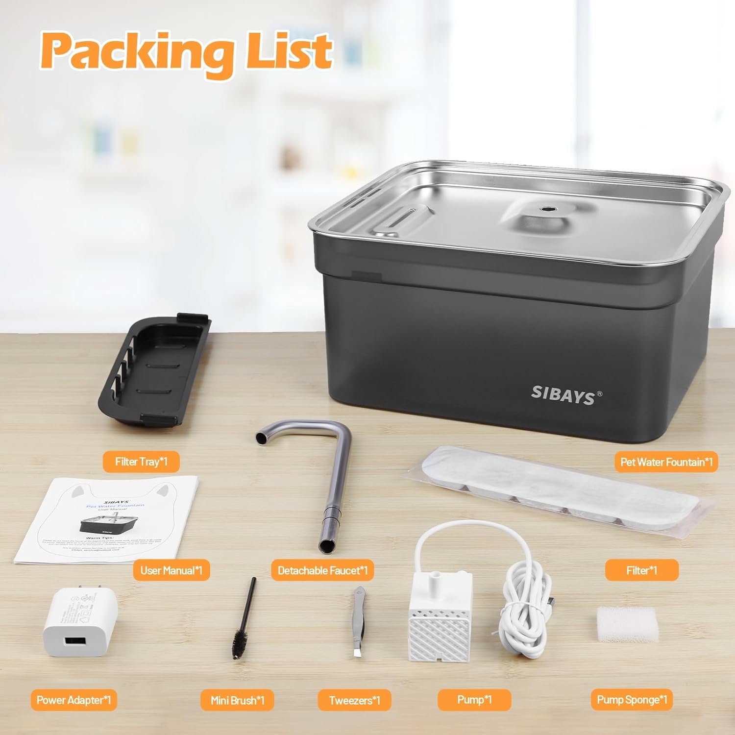 SIBAYS Dog Water Fountain unboxed with all included accessories