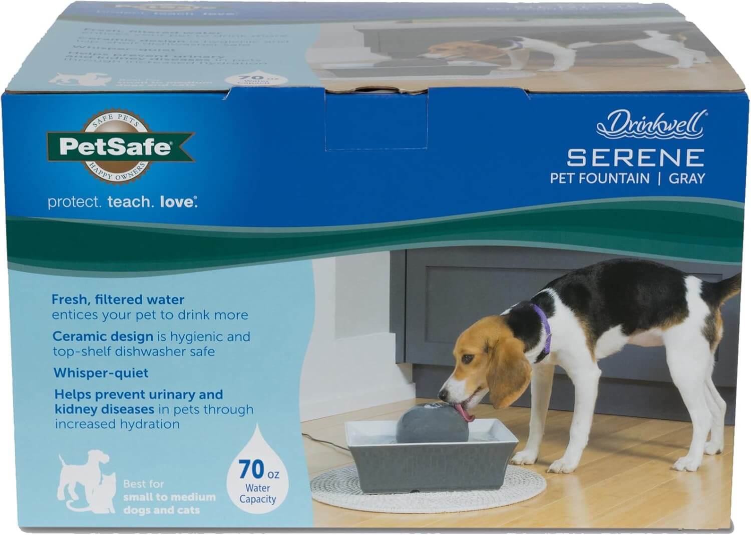 PetSafe Drinkwell Ceramic Fountain with ceramic base and water stream in packaging