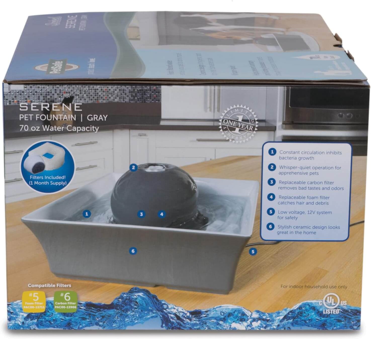 PetSafe Drinkwell Ceramic Fountain with water flowing and pet nearby