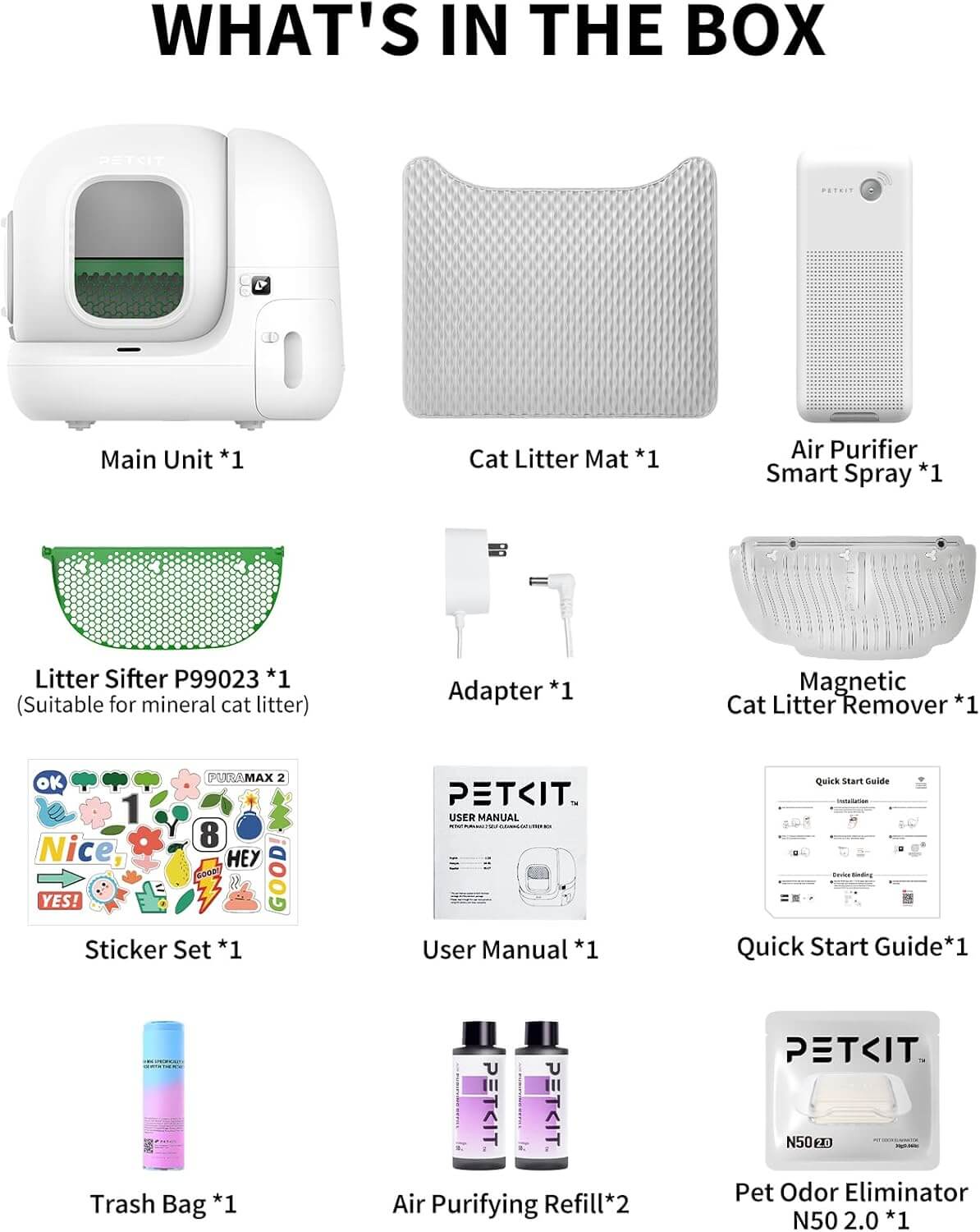 PETKIT PuraMax 2 unboxing with self-cleaning base, liners, filter, and power adapter