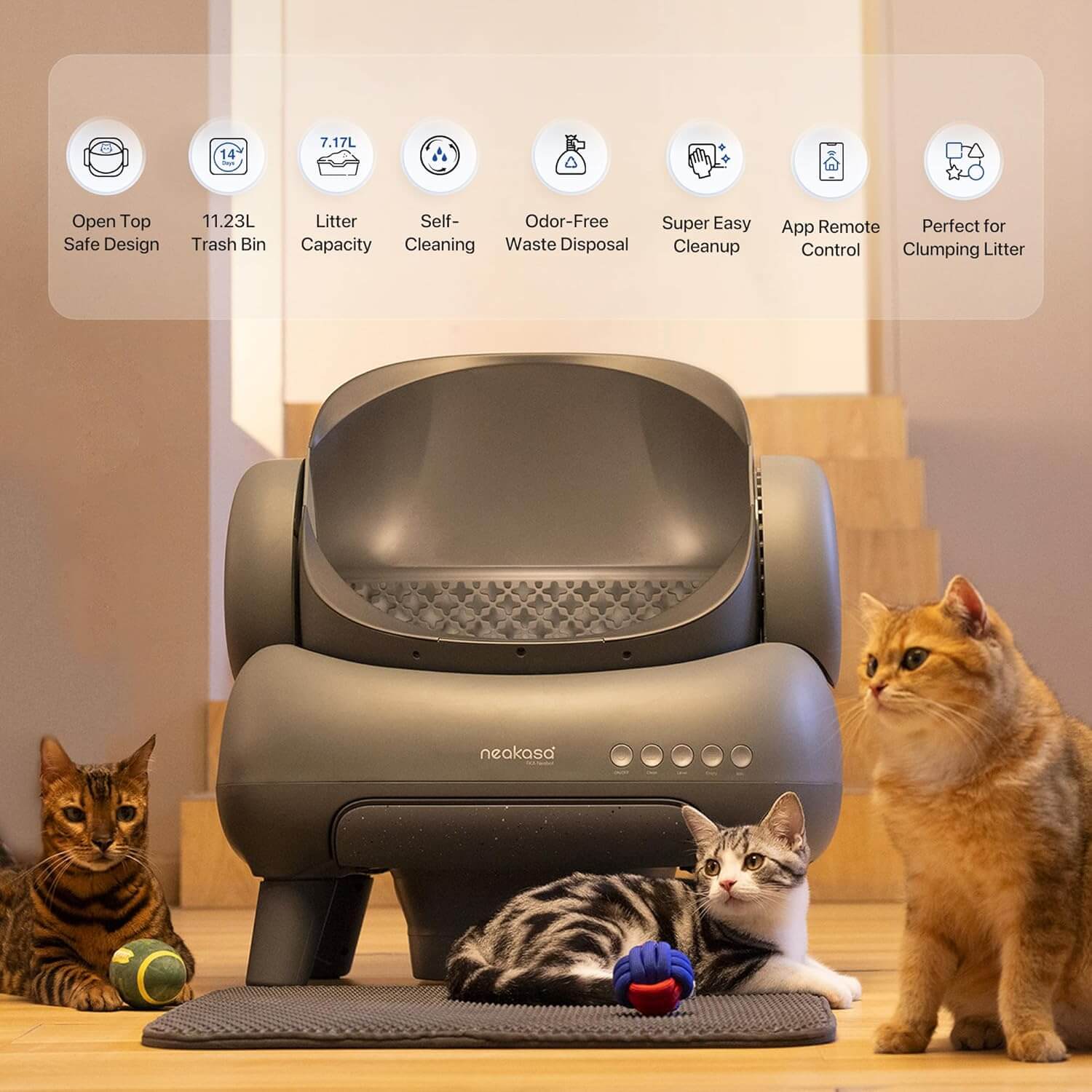 Neakasa M1 automatic litter box cleaning system showing open-top design and waste separation