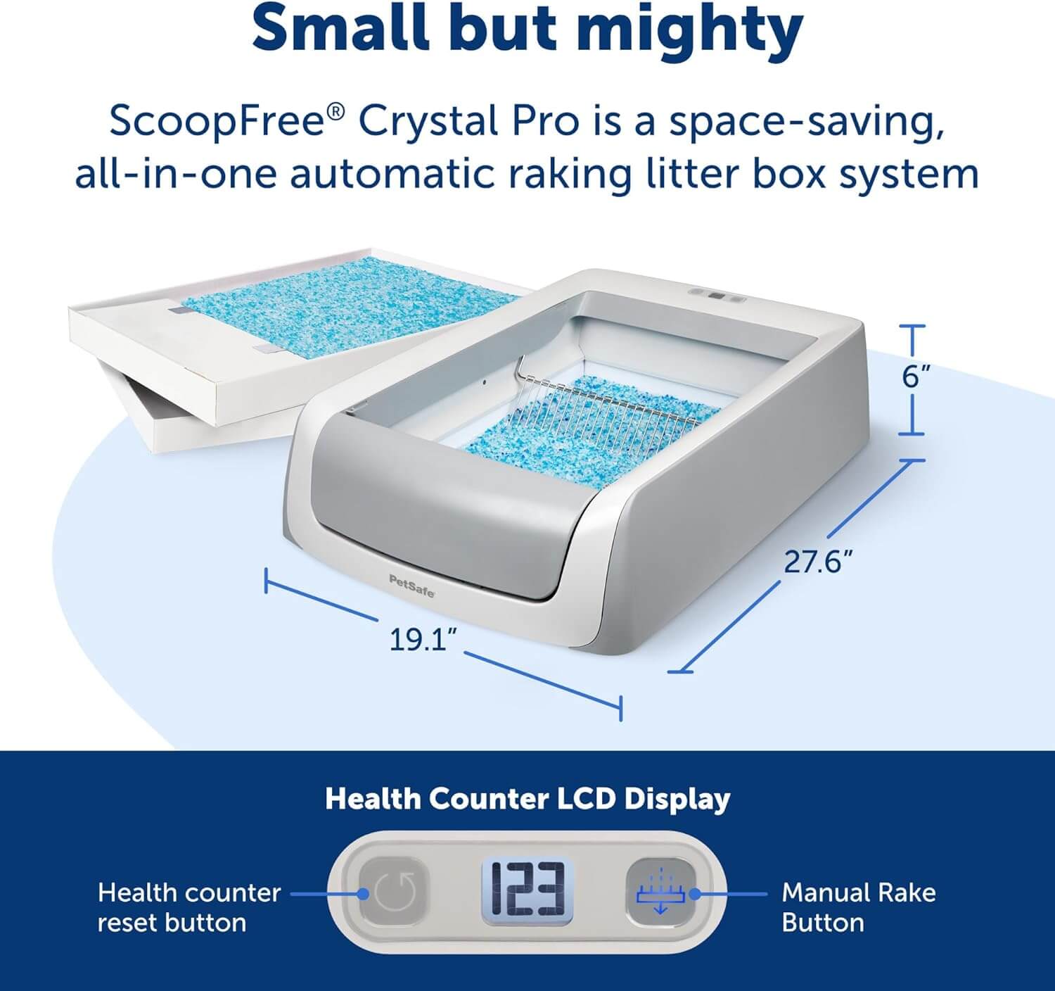 PetSafe ScoopFree Crystal Pro Litter Box package contents including disposable tray, power cord, and quick-start guide