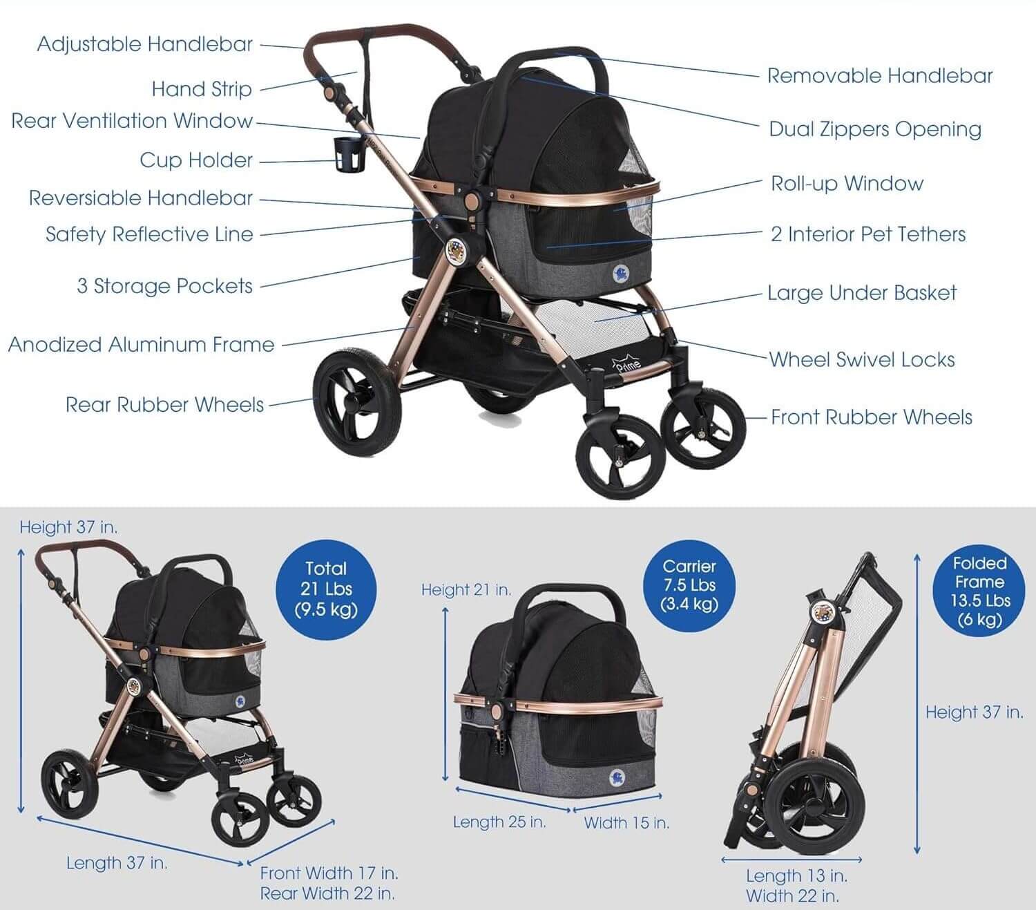 HPZ Pet Rover Prime 3-in-1 stroller layout with labeled features and dimensions