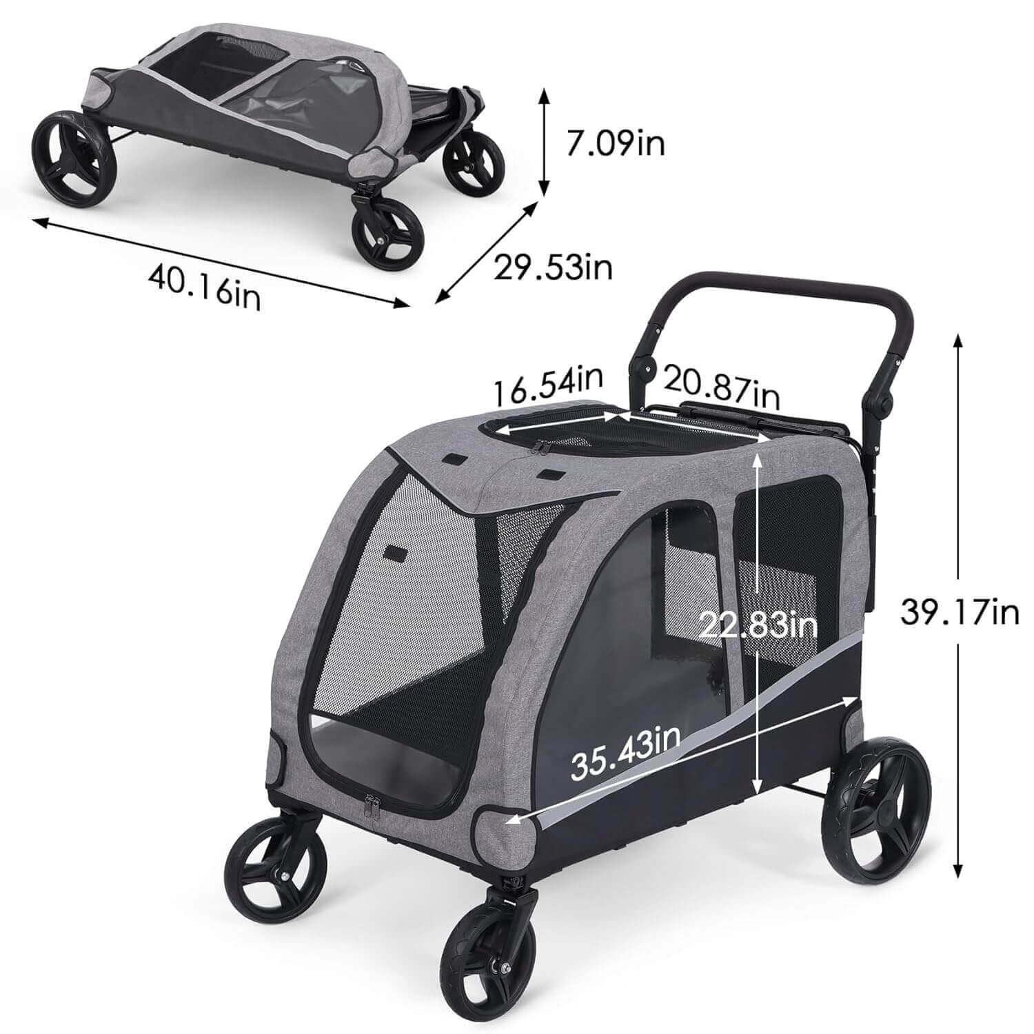 Extra large dog stroller with labeled features: adjustable handle, sunroof, storage, locking wheels