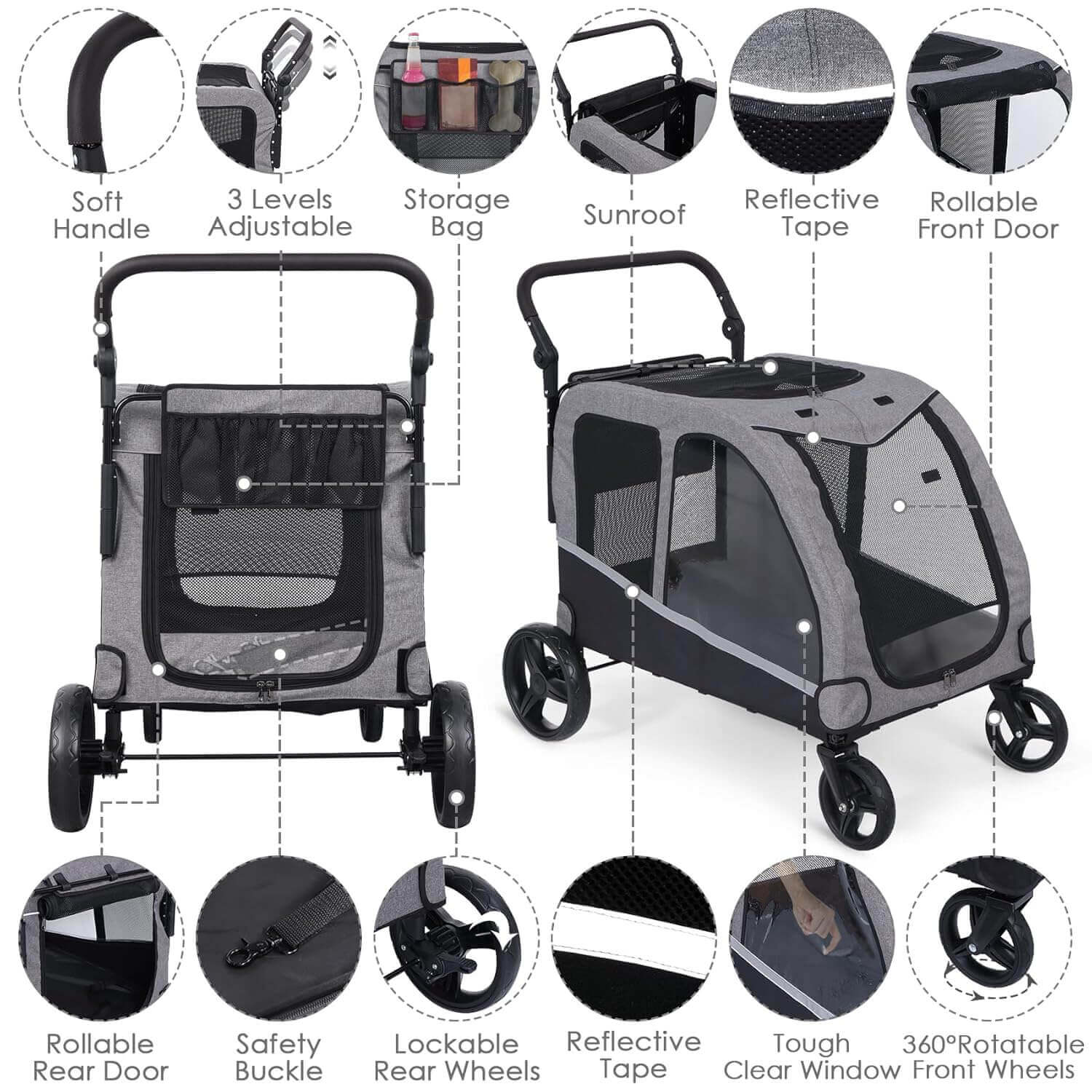 Extra large dog stroller with detailed feature callouts including storage, handle adjustment and mesh windows