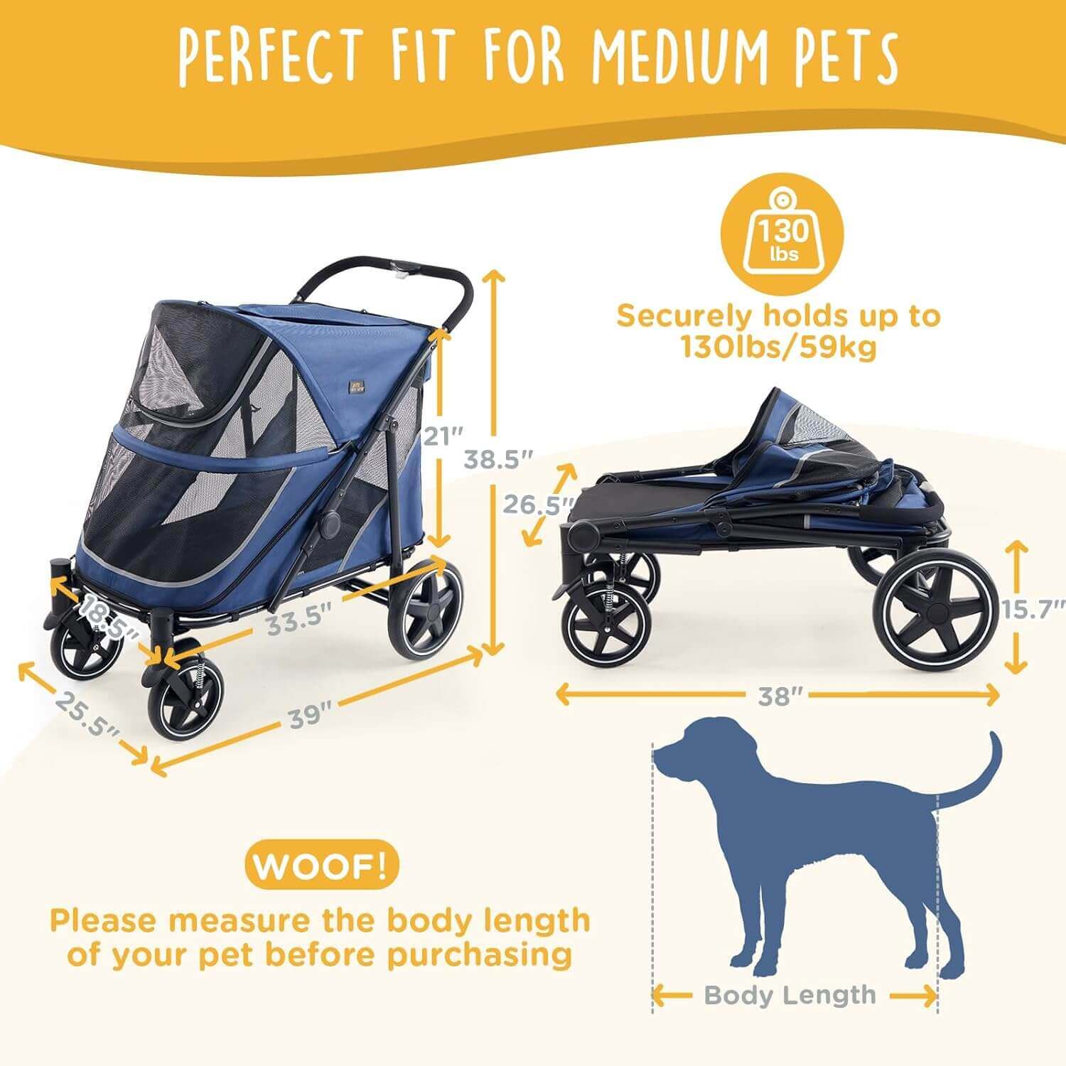 Denver On The Go pet stroller folded and unfolded with size and weight capacity for medium and large dogs