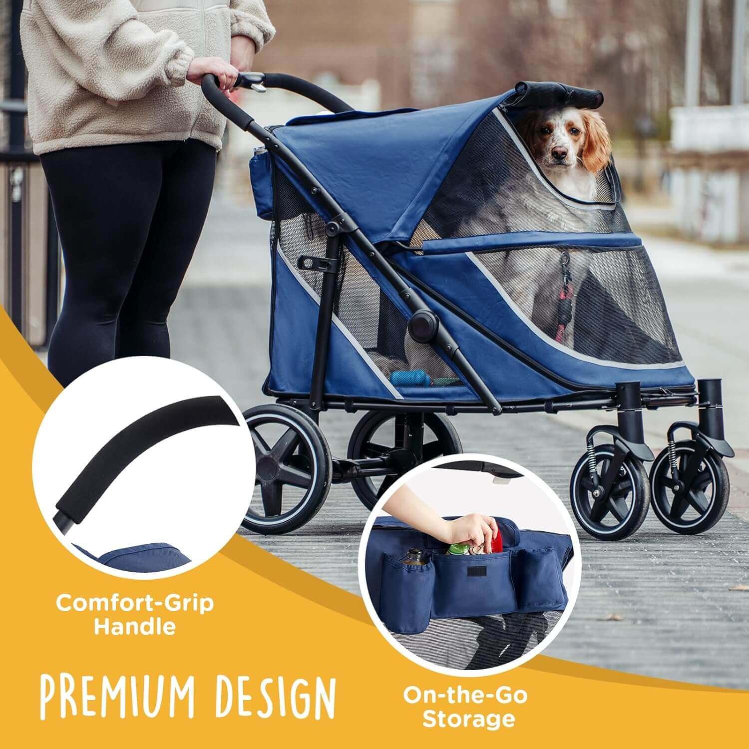 Woman pushing Denver On The Go dog stroller with comfort-grip handle and storage features