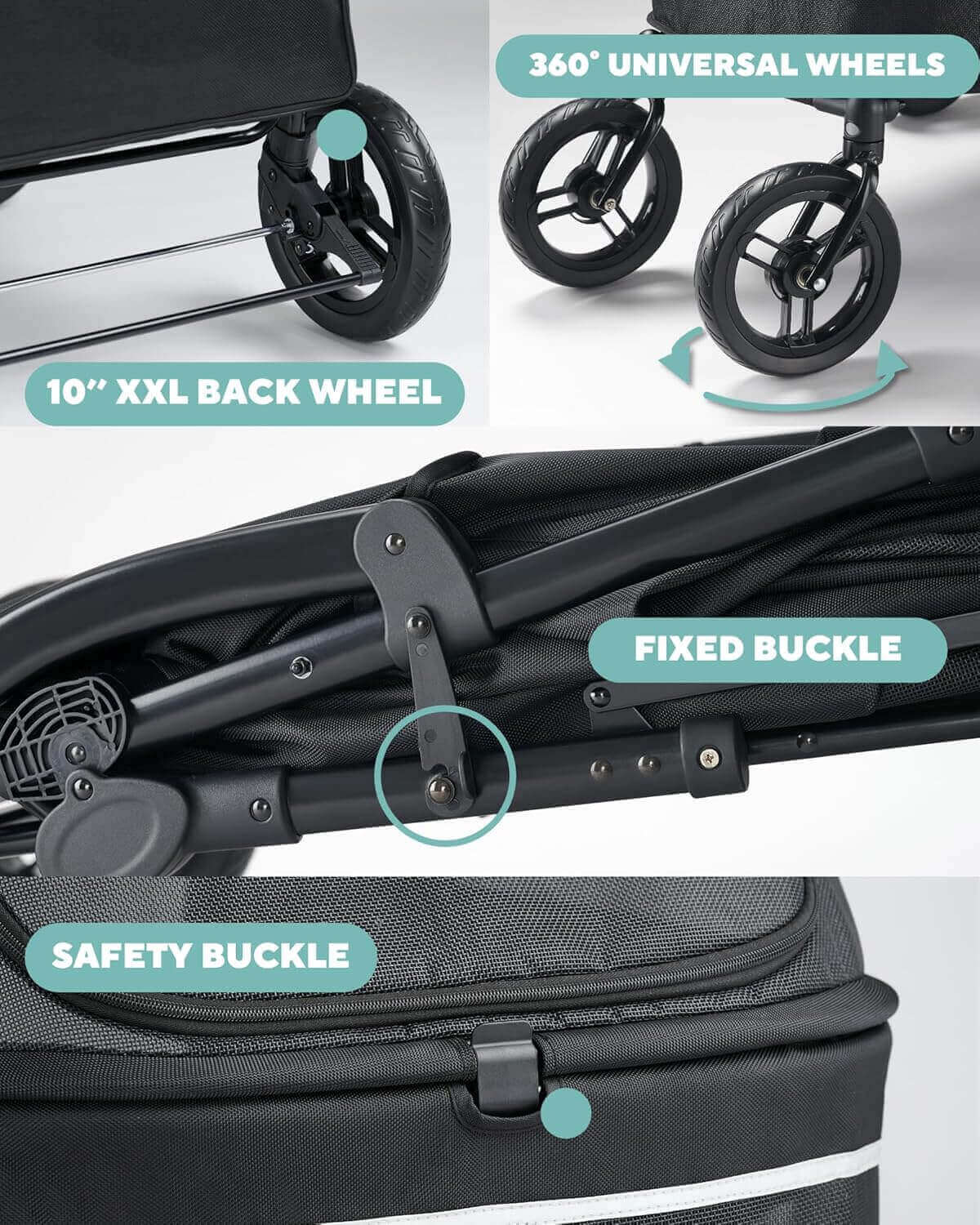 Large dog stroller parts and components: foldable frame, wheels, safety and fixed buckles, and cushion