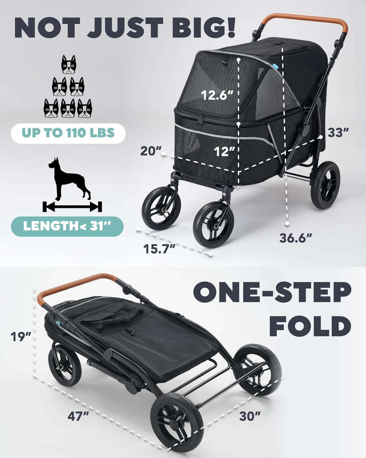 Folded and unfolded large dog stroller with dimensions and one-step fold system
