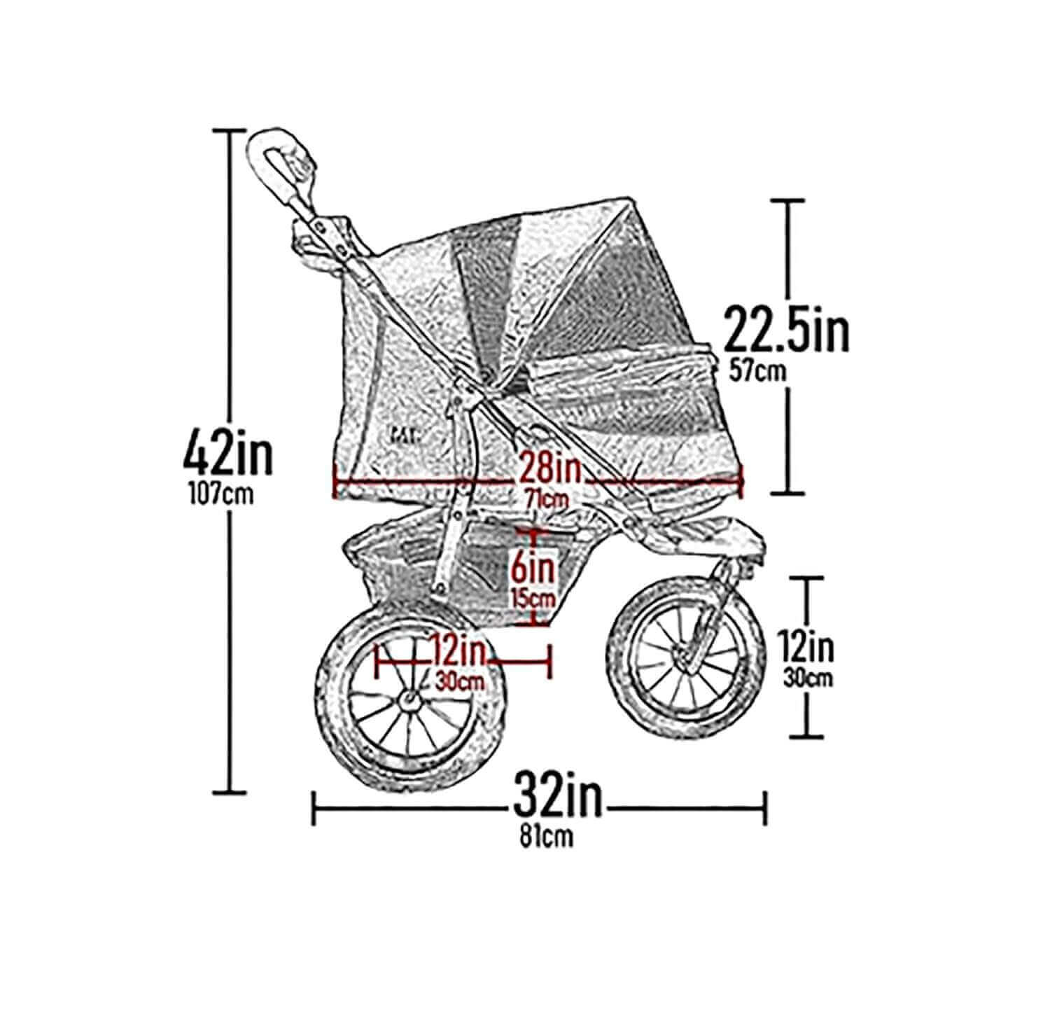 Pet Gear Jogger Stroller dimensions and components with labeled parts