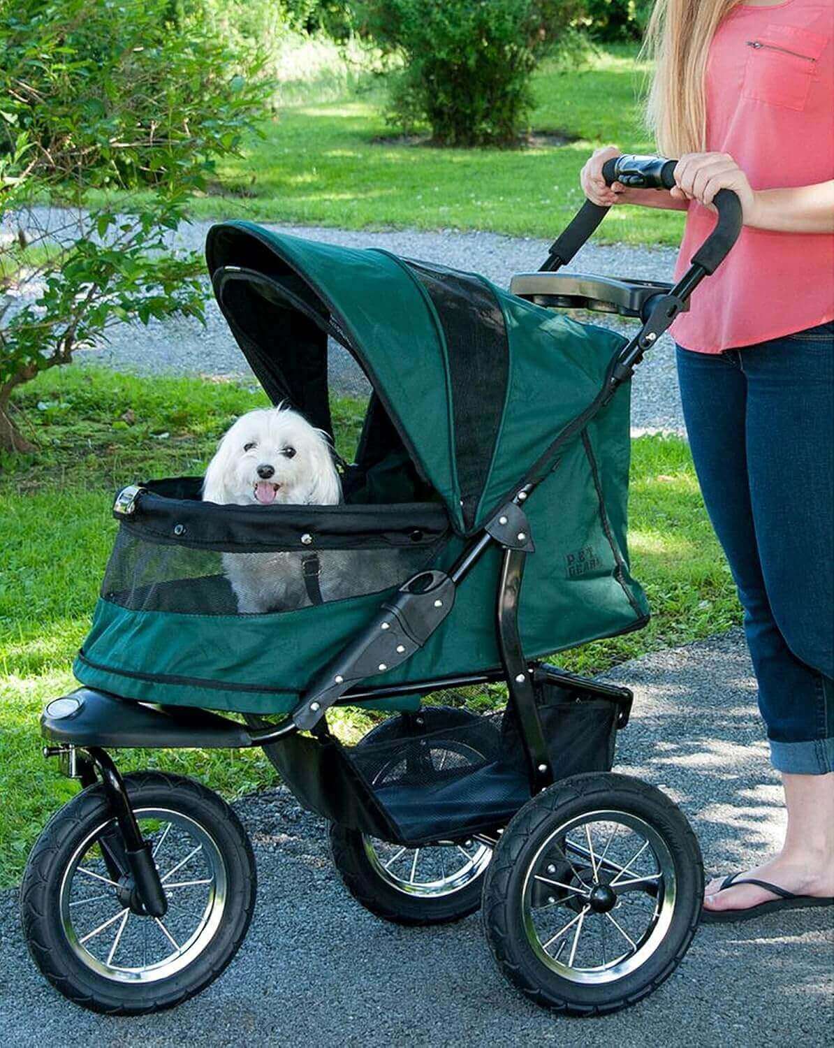 Pet Gear Jogger Stroller in green with mesh canopy and white dog sitting inside