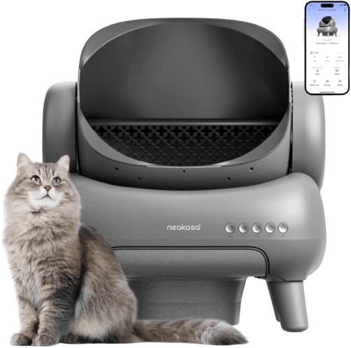Self-cleaning litter box with cat and mobile app features