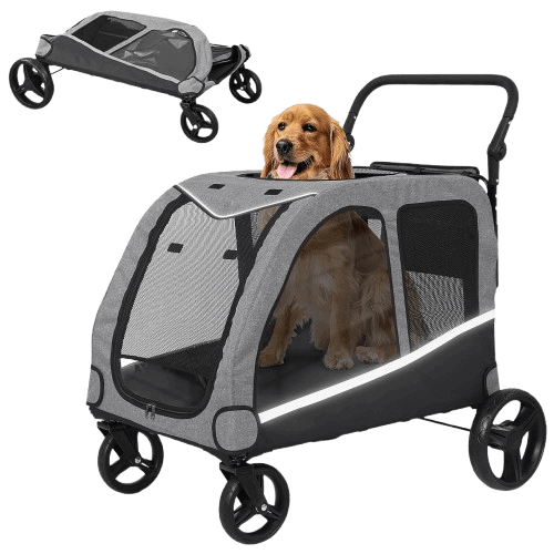 Extra large dog stroller unfolded and folded with dimensions for medium and large dogs