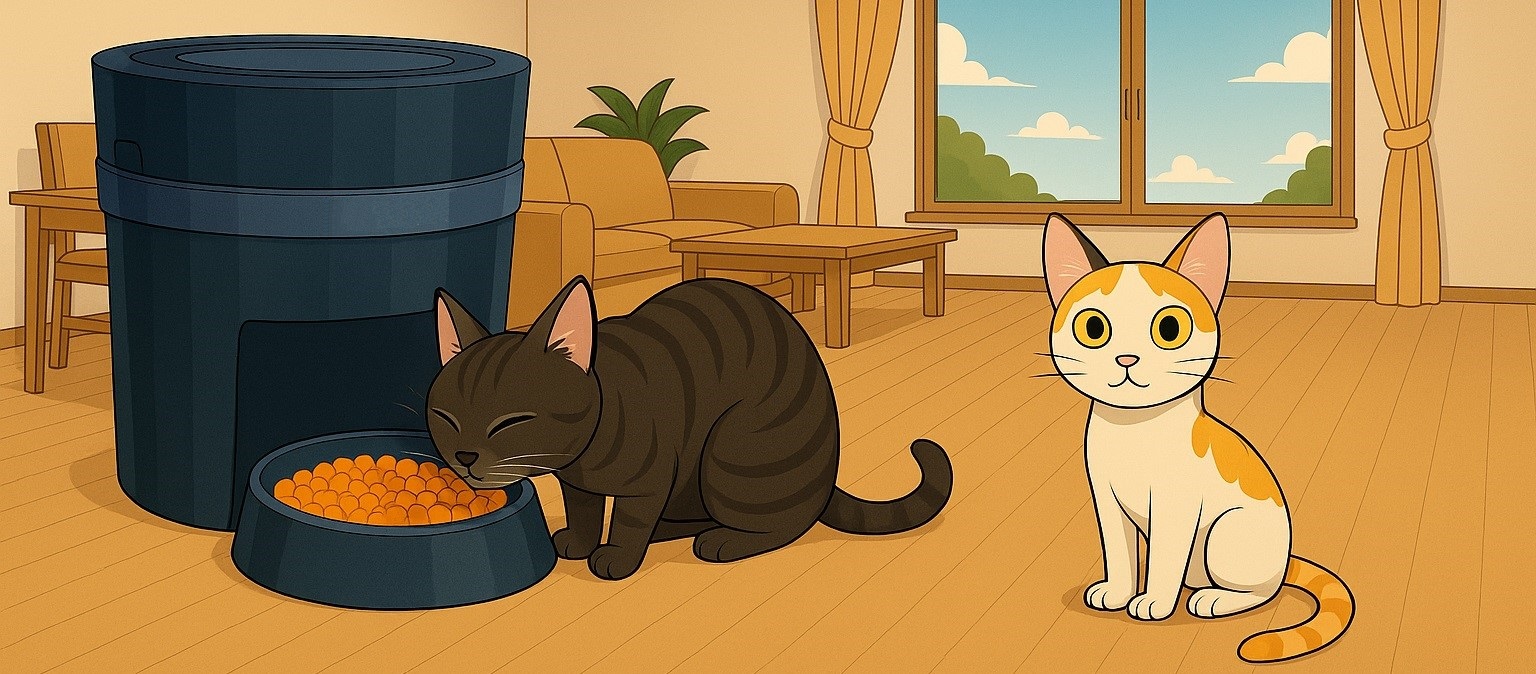 Illustration of two cats next to PetSafe Smart Feed automatic feeder in a cozy home — smart feeding with portion control.