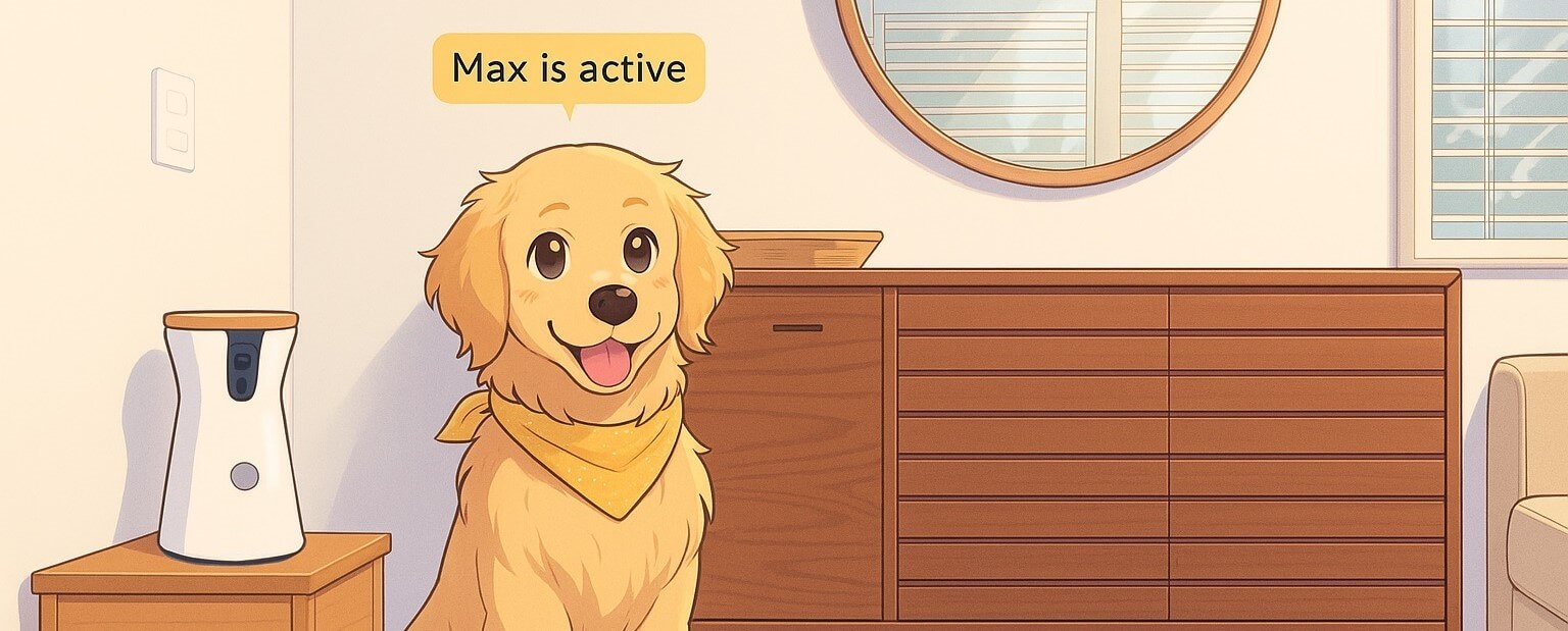Illustration of a happy dog named Max next to a Furbo 360° Dog Camera — representing active pet monitoring and engagement.