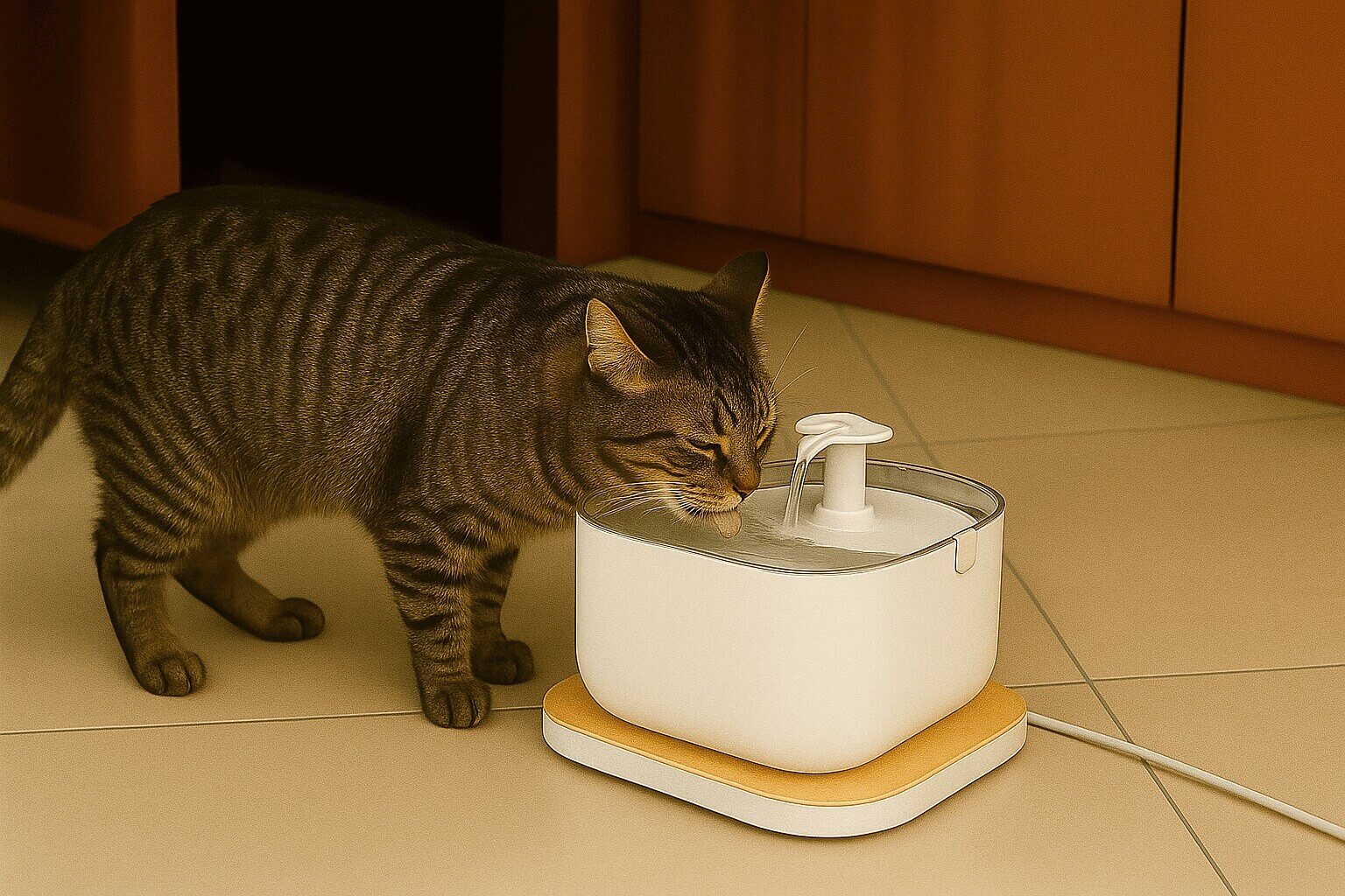 Striped cat drinking from modern automatic water fountain – promotes hydration and healthy habits in 2025