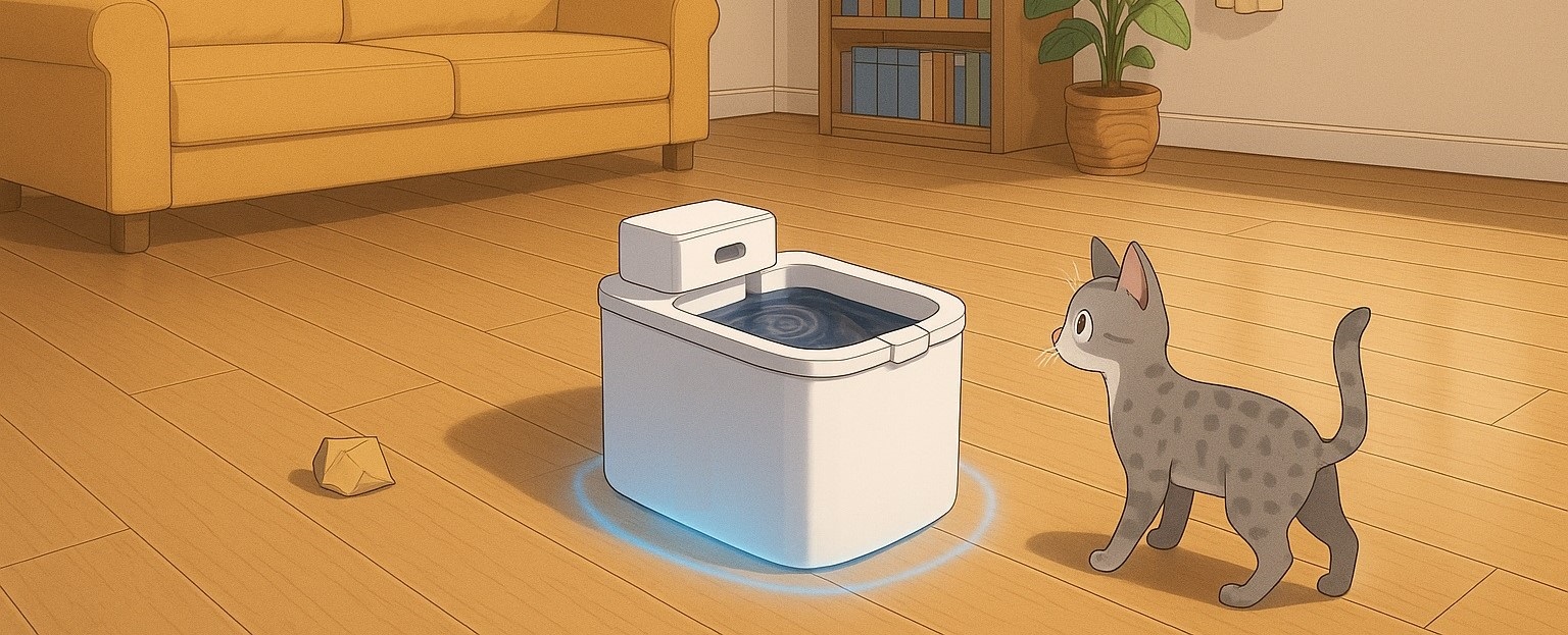 Illustration of PETKIT Eversweet Max smart water fountain for pets – cartoon style showing a curious cat approaching the fountain in a cozy living room setting