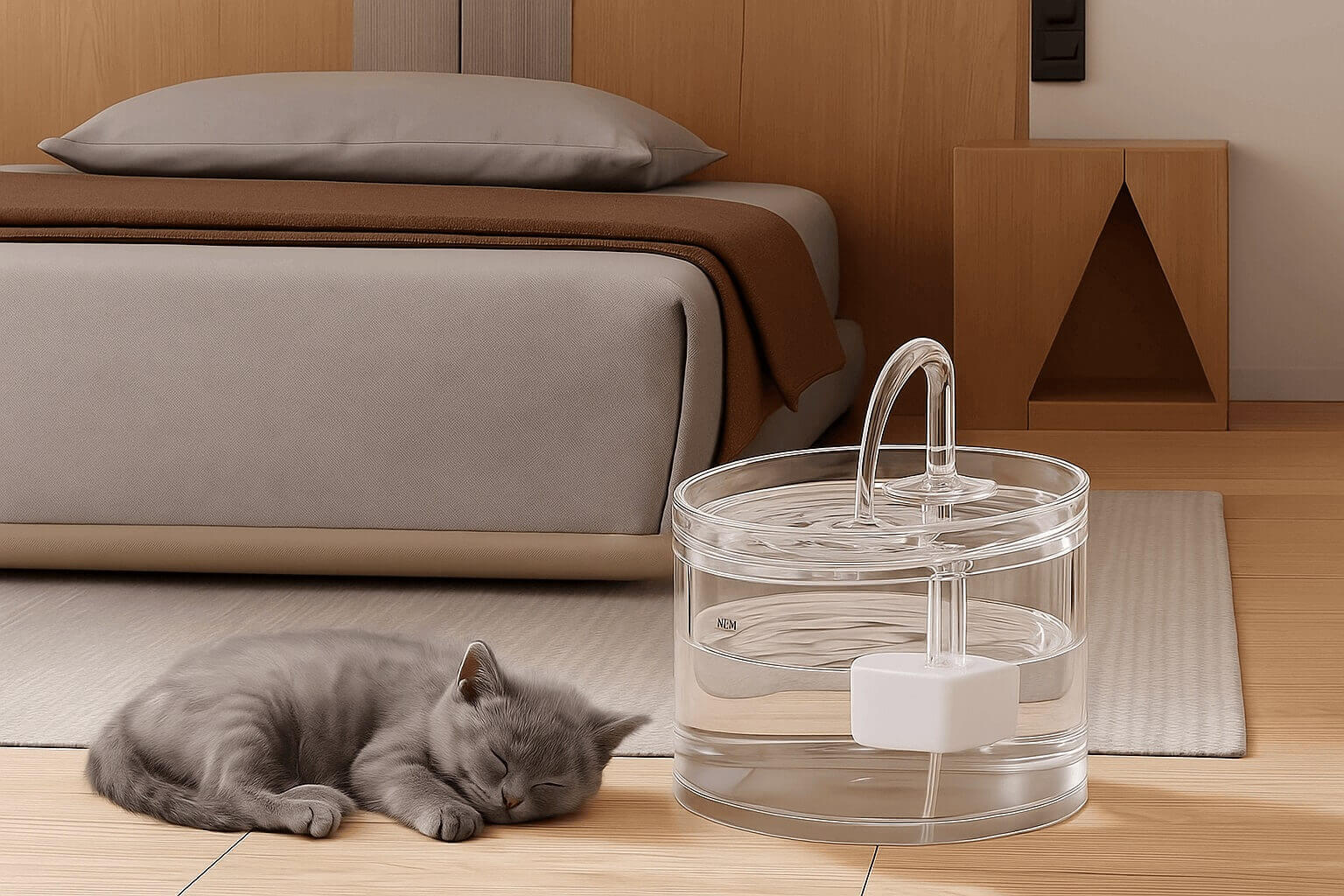 Small cat sleeping next to a transparent silent pet fountain in a cozy bedroom – peaceful hydration setup for quiet environments