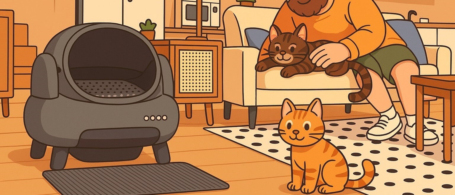 Cartoon illustration of Neakasa M1 litter box in cozy living room with cats and pet owner